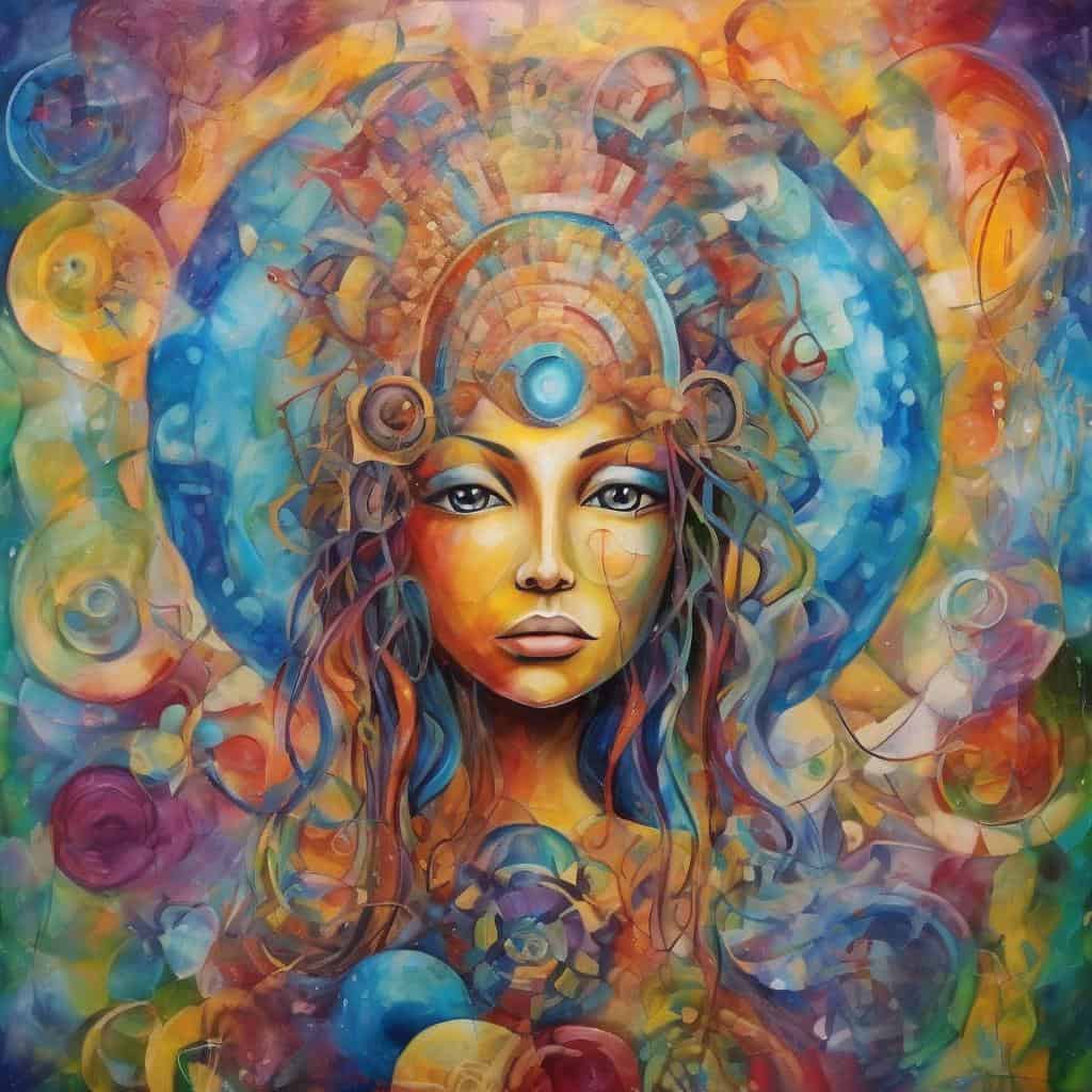 Φαίνεται ότι το έργο παρουσιάζει μια φανταστική και πολύχρωμη απεικόνιση με επίκεντρο μια γυναίκα με έντονα χαρακτηριστικά και αφαιρετικά στοιχεία.